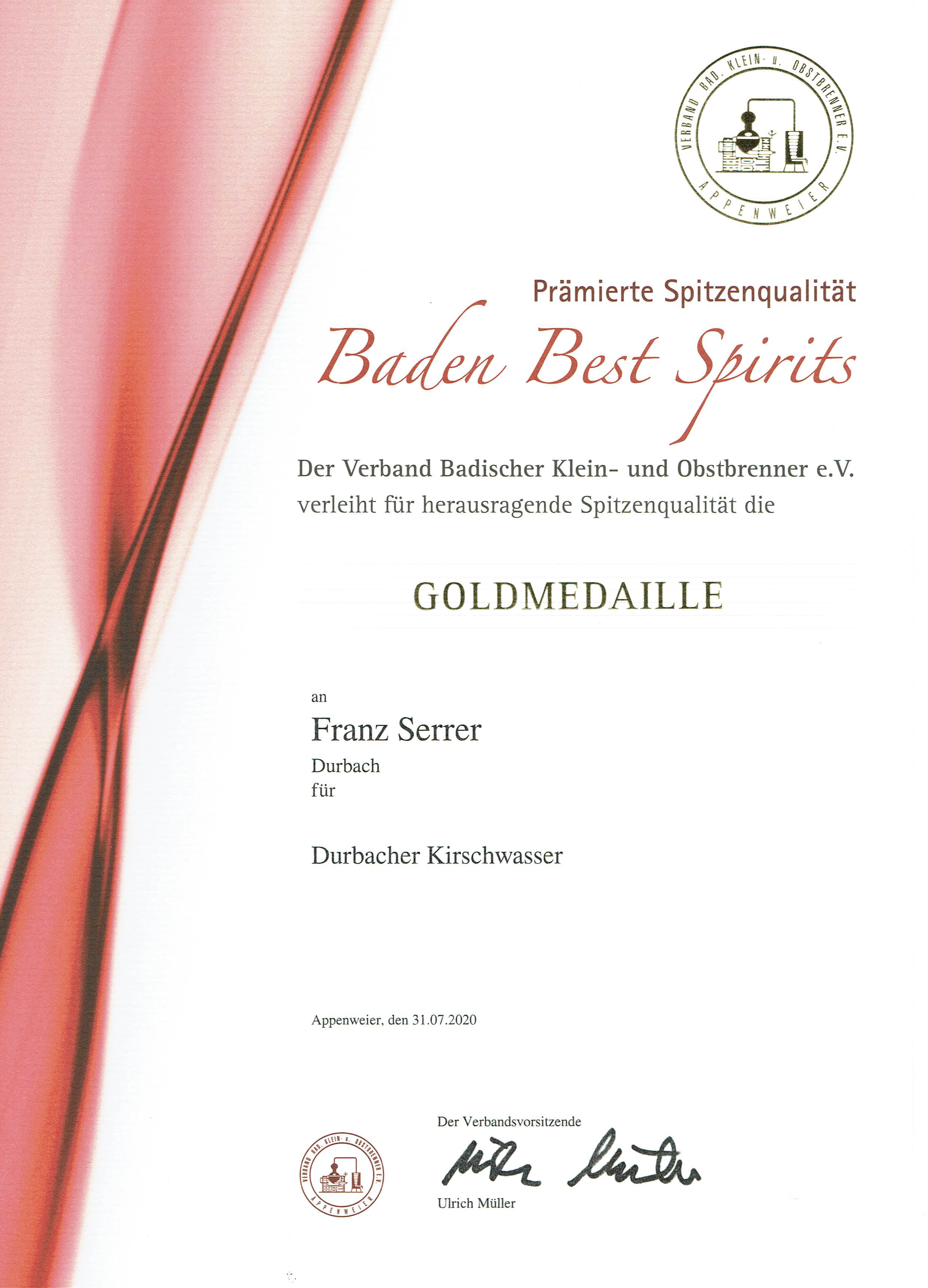 Ehrenpreis: Kirschwasser Goldmedaille